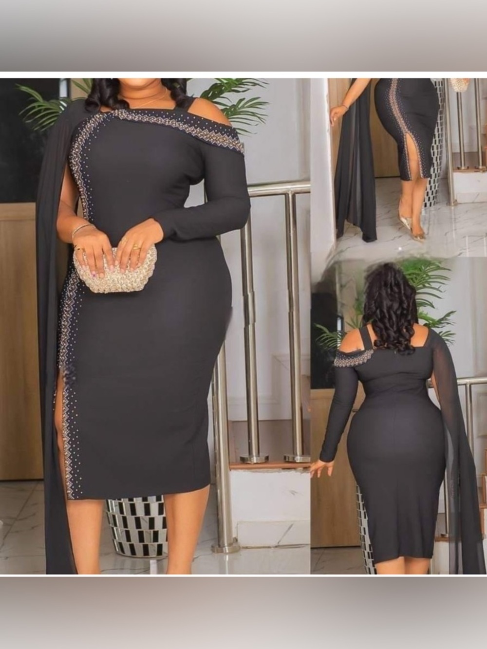 Elegant Black One-Shoulder Midi Dress with Embellished Trim